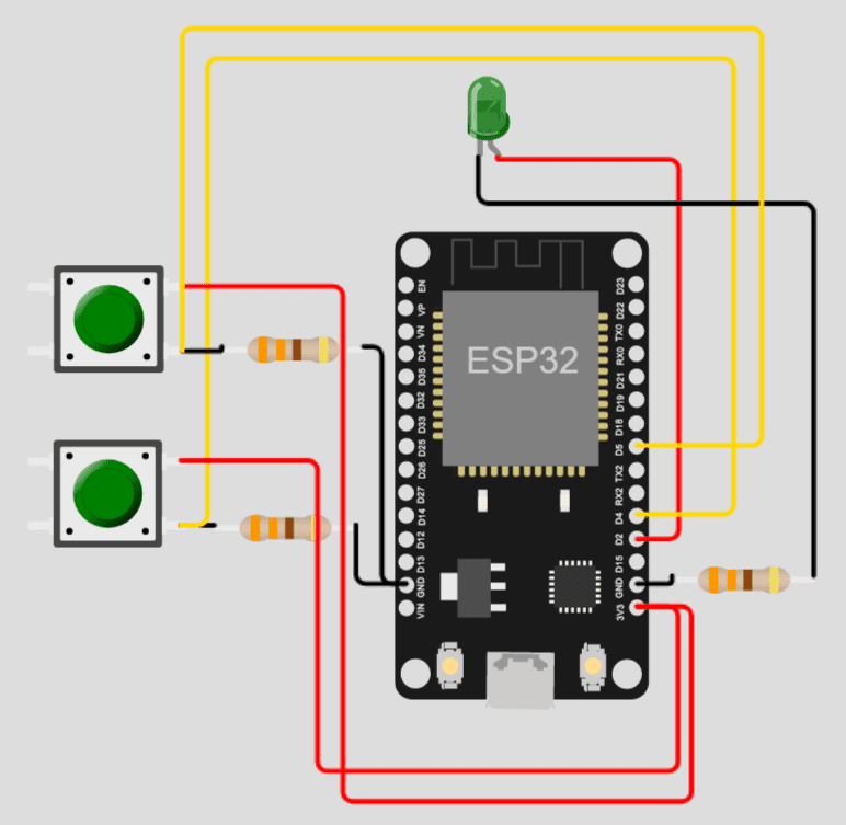 Encender y apagar un led en ESP32 con dos pulsadores