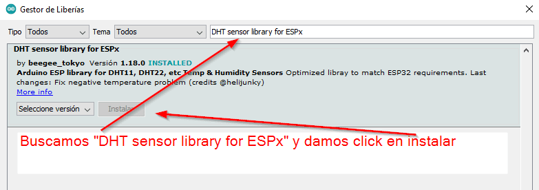 Buscamos "DHT sensor library for ESPx" y damos click en instalar