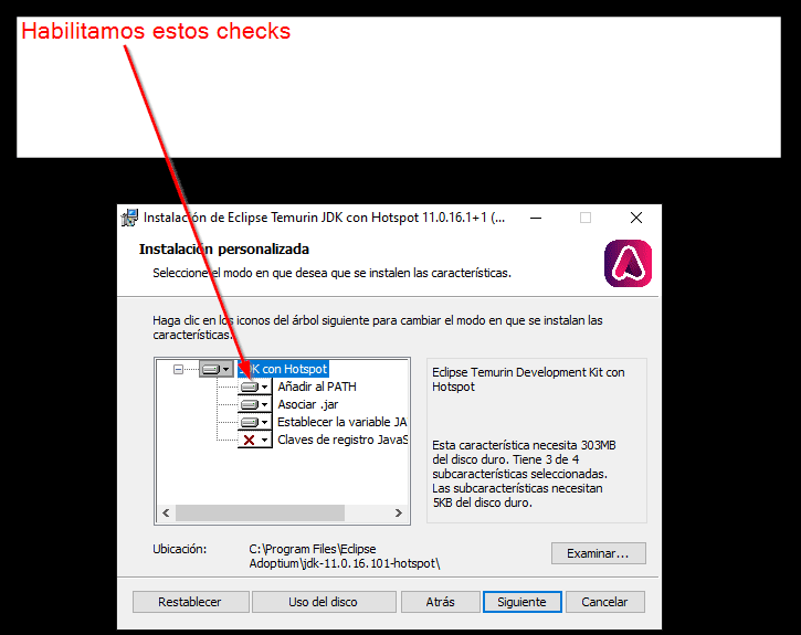 Habilitamos los checks de Añadir path, asociar.jar y establecer la variable de JAVA