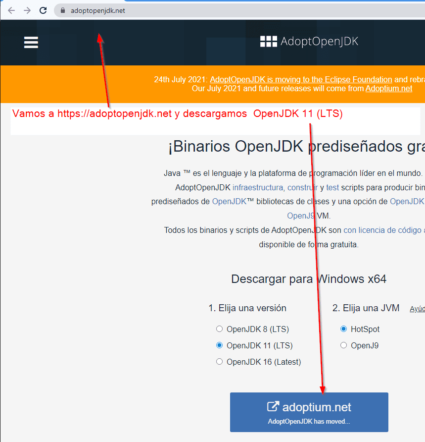 Vamos a https://adoptopenjdk.net y descargamos  OpenJDK 11 (LTS)