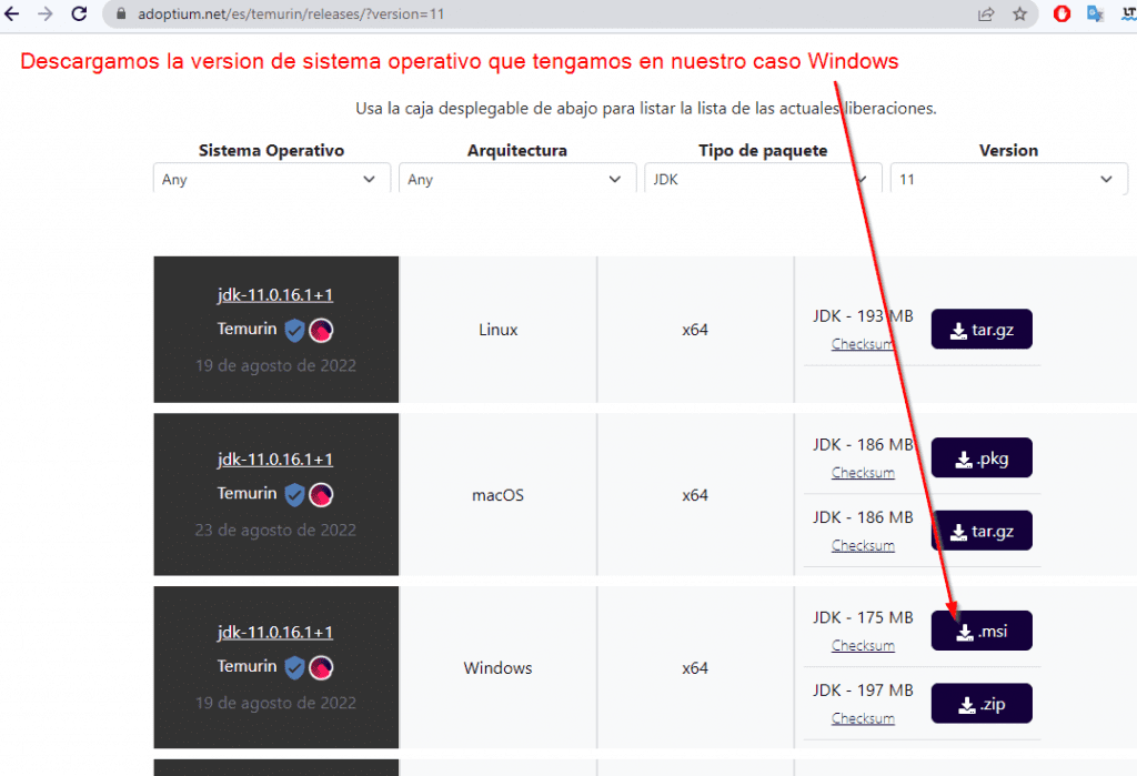 Descargamos la versión de sistema operativo que tengamos en nuestro caso Windows