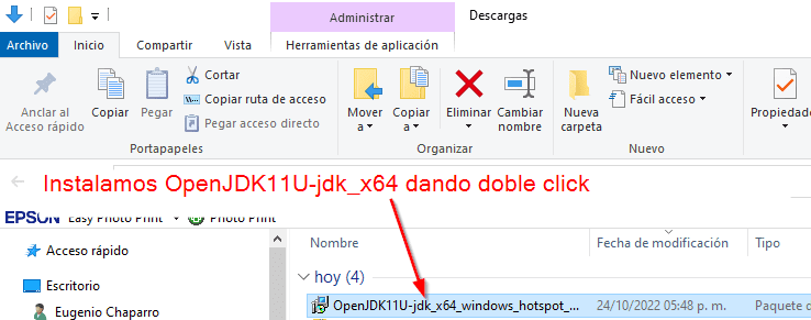 Instalamos OpenJDK11U-jdk_x64 dando doble click