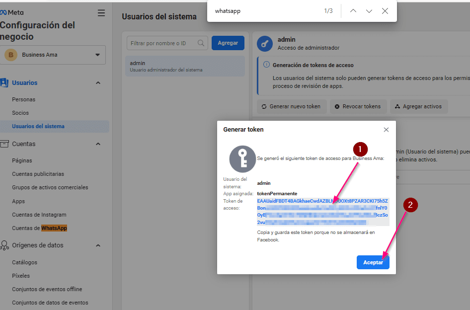 Crear token permanente WhatsApp Cloud Api