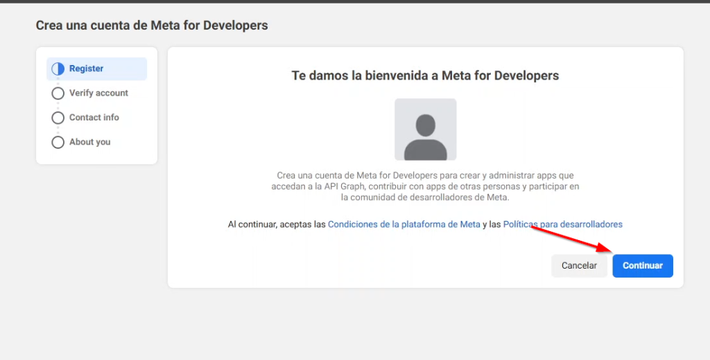 En el area de Crear cuenta de Meta for Developers damos click en continuar
