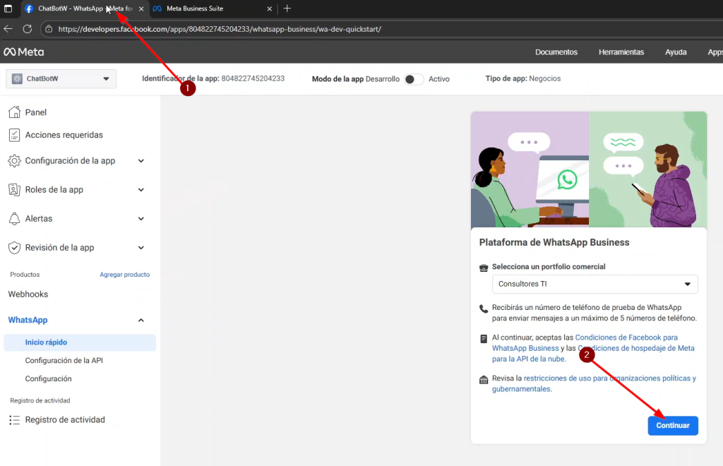 Regresamos a la ventana de nuestra app refrescamos y damos click en continuar