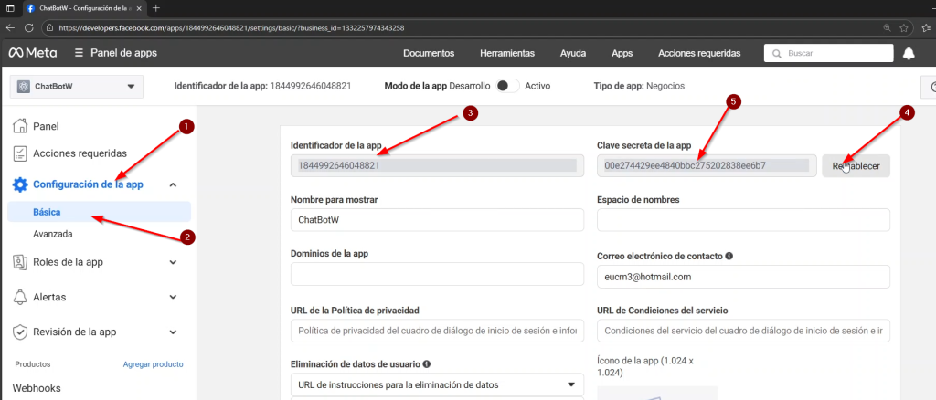 1.- Damos clic en Configuración de la app de meta. 2.-Click en básica. 3.-Copiamos el identificador de la app. 4.-Click en mostrar Clave secreta de la app. 5.-Copiamos la clave secreta de  la app