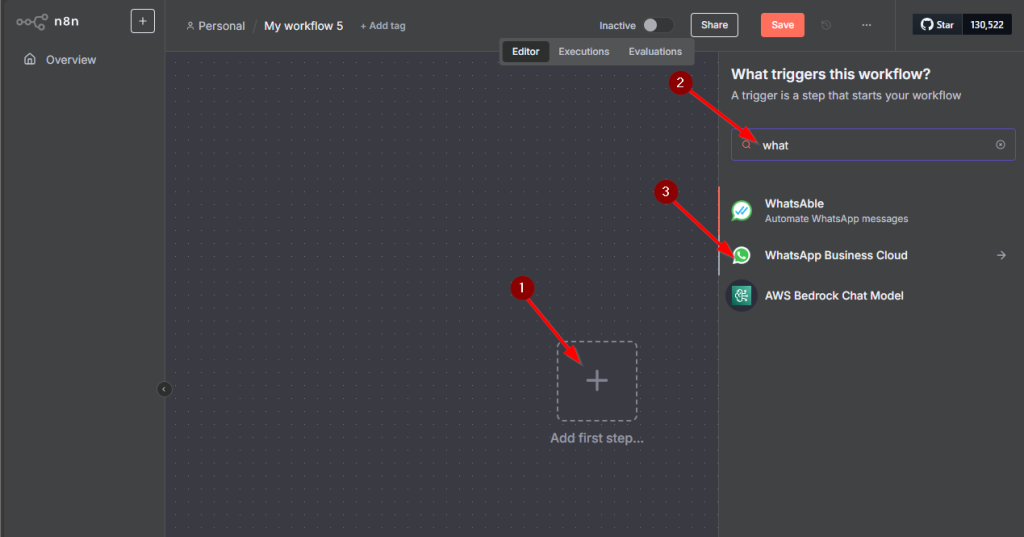 1.- Damos click en añadir primer step. 2.- Buscamos "WhatsApp" 3.- Seleccionamos WhatsApp cloud Api