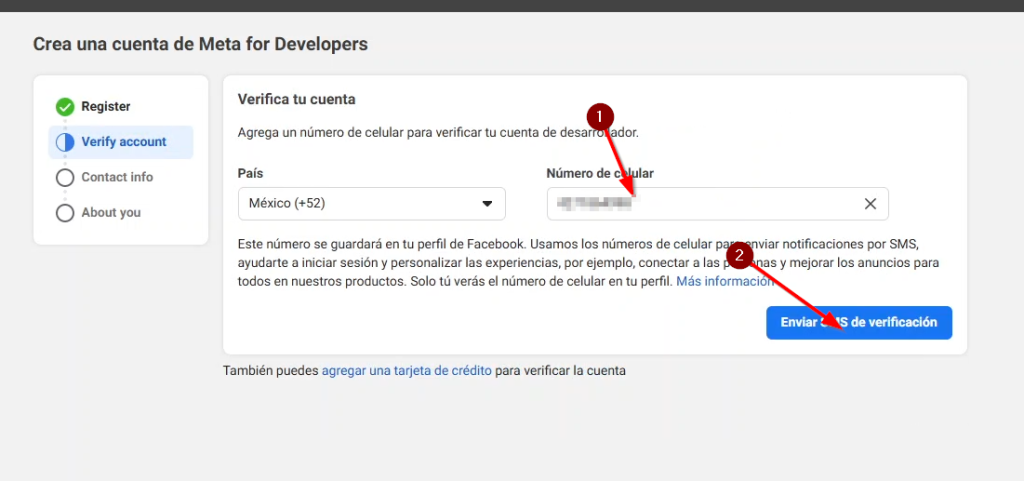 Agregamos un numero para verificar nuestra cuenta y recibimos un sms que colocaremos a continuación
