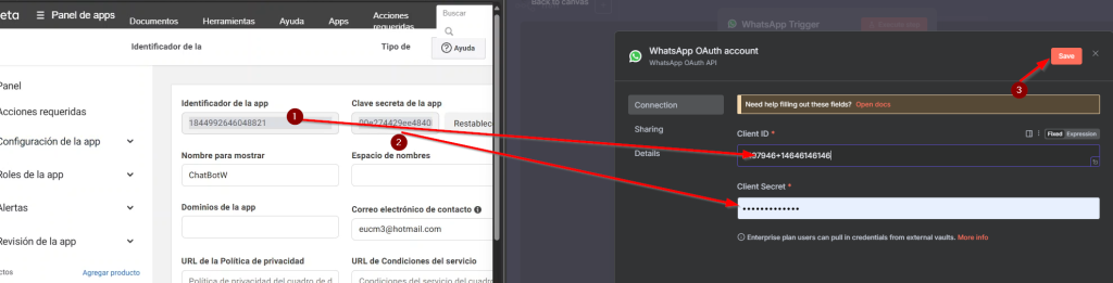 Pegamos el identificador de la app y la clave secreta de la app de meta respectivamente en n8n 