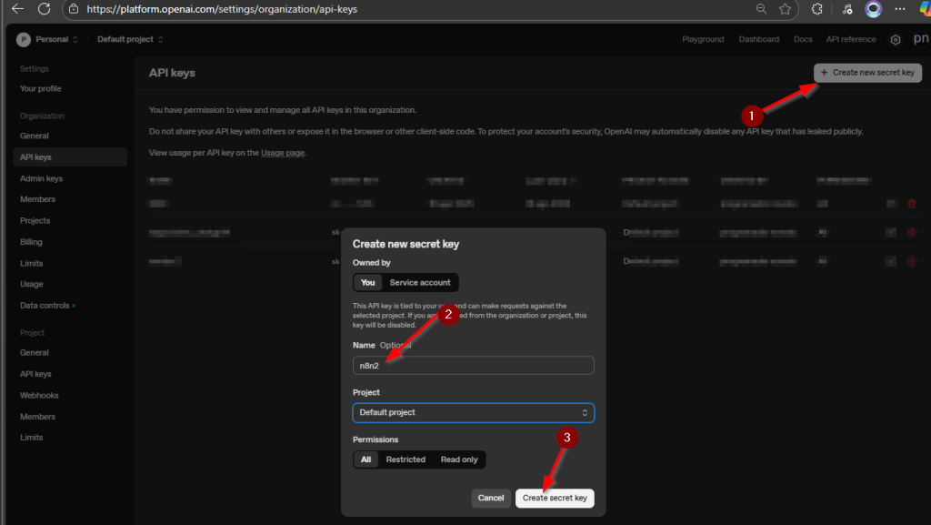 Damos click en Crear una nueva api key, colocamos un nombre y damos click en crear nueva api key