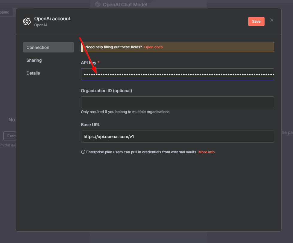 Pegamos al api key de openAI obtenida en n8n