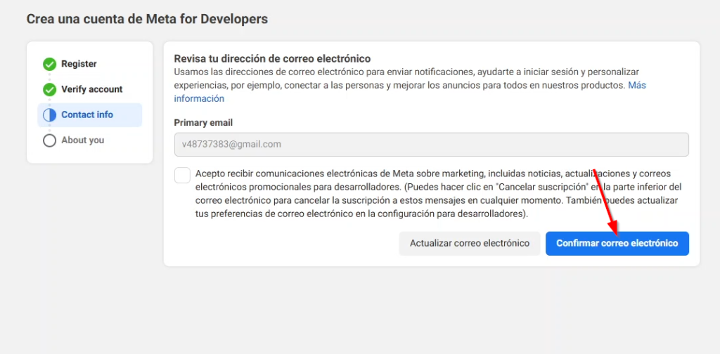 Damos click en confirmar correo Electronico de meta