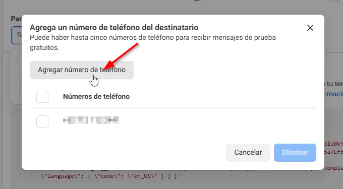 Click en agregar número de teléfono