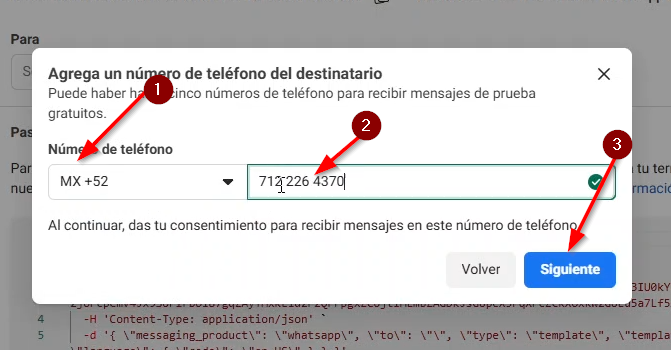 Seleccionamos el prefijo de nuestro país, el número de teléfono y click en siguiente