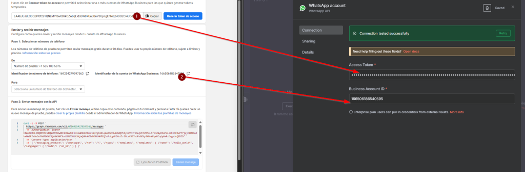 Pegamos el token y el Identificador de la cuenta de WhatsApp Business respectivamente