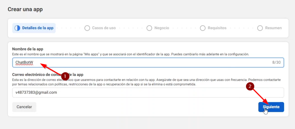 Le colocamos un nombre a nuestra app de whatsapp cloud api y click en continuar
