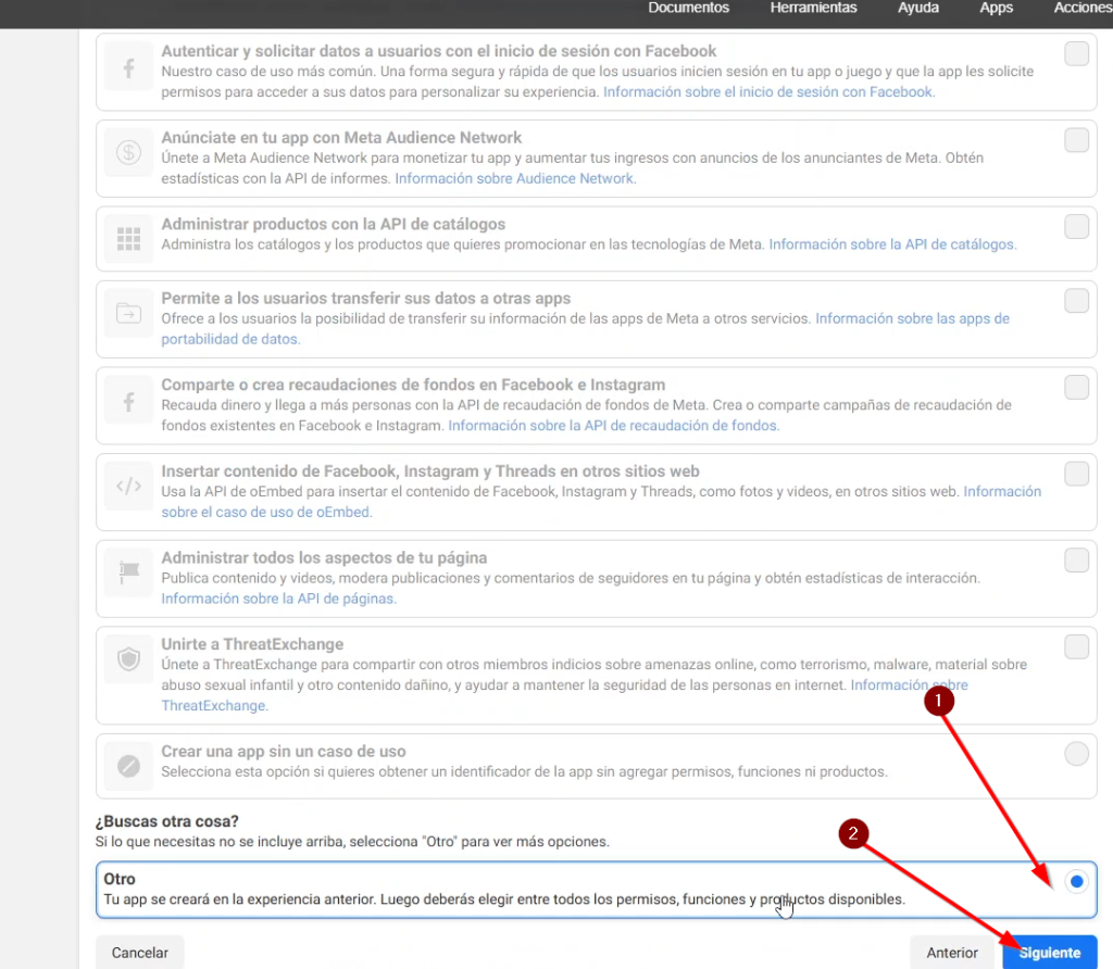 Hacemos scroll hacia abajo seleccionamos otro y damos click en siguiente