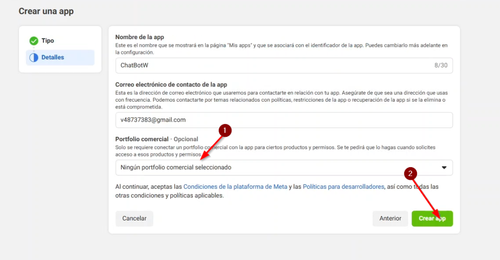 1.- Si no tenemos portafolio comercial asi dejamos esta parte de lo contrario seleccionamos uno y 

2.- Crear app